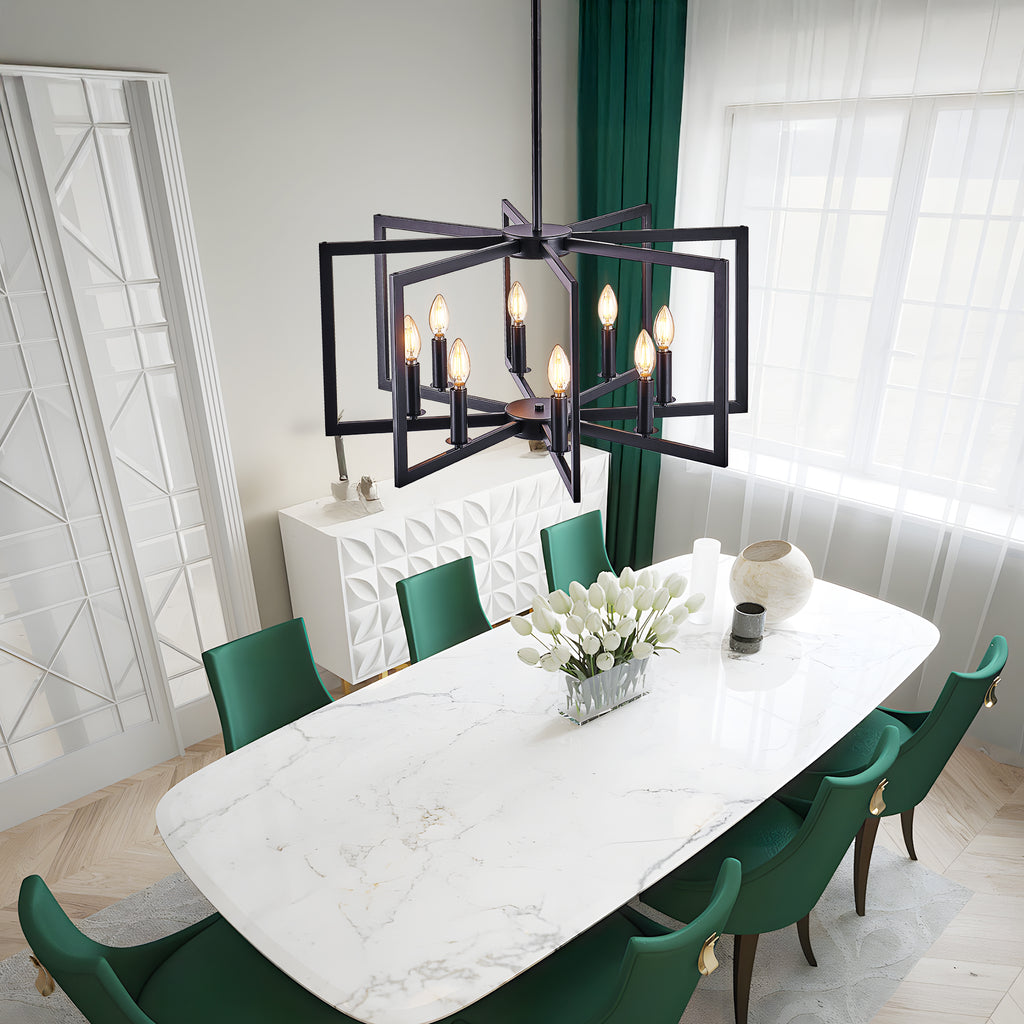 Chandelier 8-Light Geometric Noir moderne de 27" – Luminaire pendentif métallique industriel pour