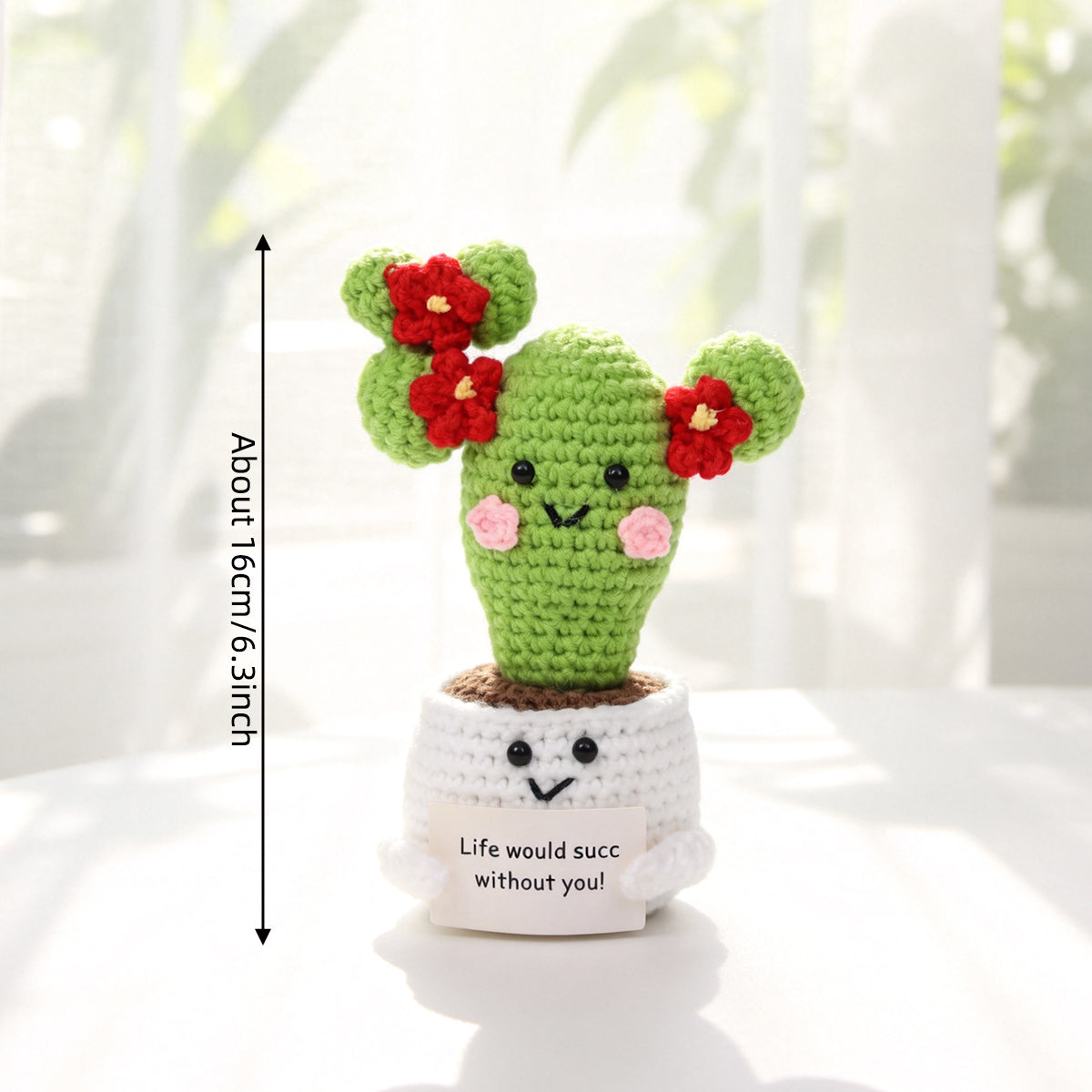 Crochet fait main Cactus Pot ornement avec brillant rouge Blossoms doux fil Croche éternelle