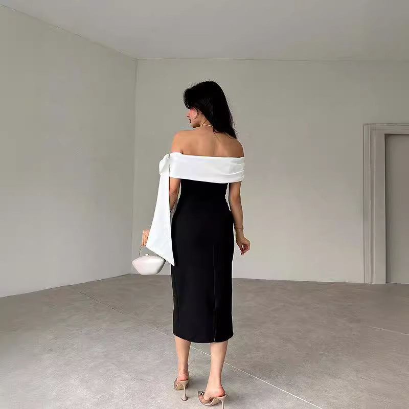 Femmes hors-épaule Bow noir et blanc couleur assorti Elégant robe de cocktail