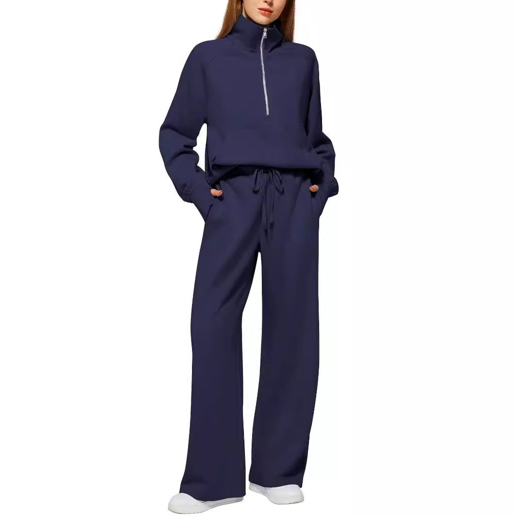 European and American Amazon Women's Two Piece Set Sweatshirt surdimensionné demi-zip Wide-Leg