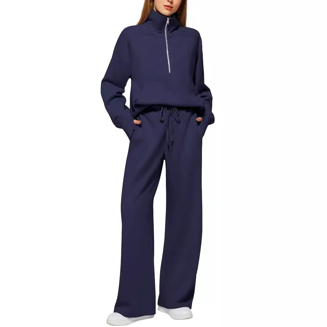 European and American Amazon Women's Two Piece Set Sweatshirt surdimensionné demi-zip Wide-Leg