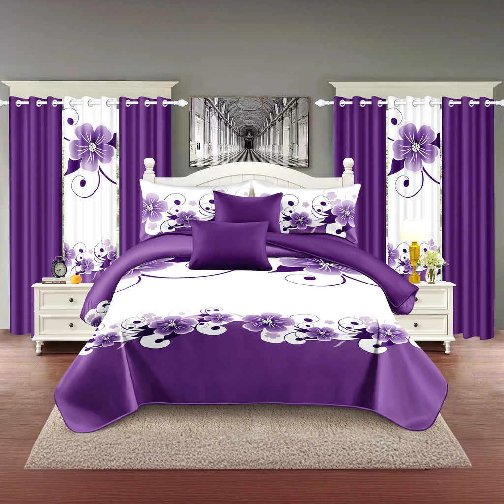 Ensemble de lit et de rideau floral pour 9 pieces (Queen/King/Cal King) - Lit en microfibre matelassé