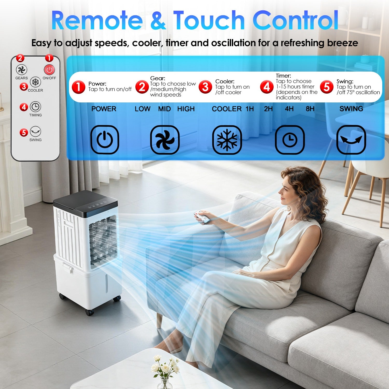 Ventilateur de refroidisseur d'air portable 12L Climatiseur par évaporation avec double touche de réservoir d'eau à 3 vitesses