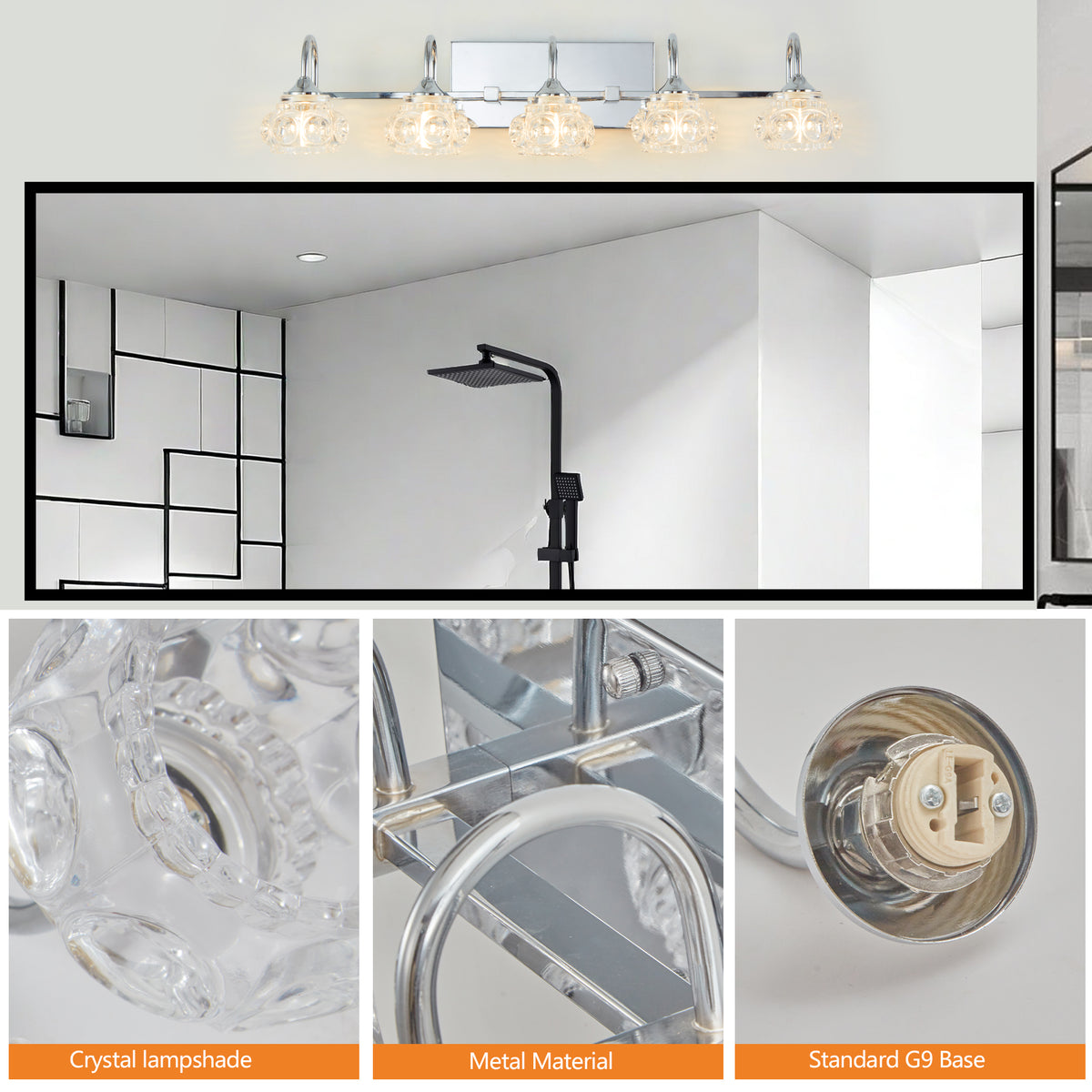 29 Nickel Finish Vintage Crystal Vanity Light - Elegant 5-Light Bathroom Mirror Wi