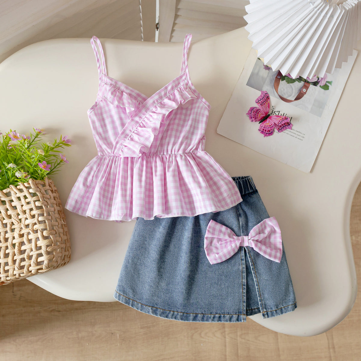 Plaid Dentelle Camisole et Denim Skort Set