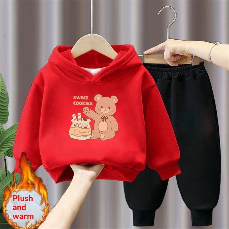 Ensemble de deux pièces à capuche et à sweatpants rouge festifs de style chinois doublé de polaire