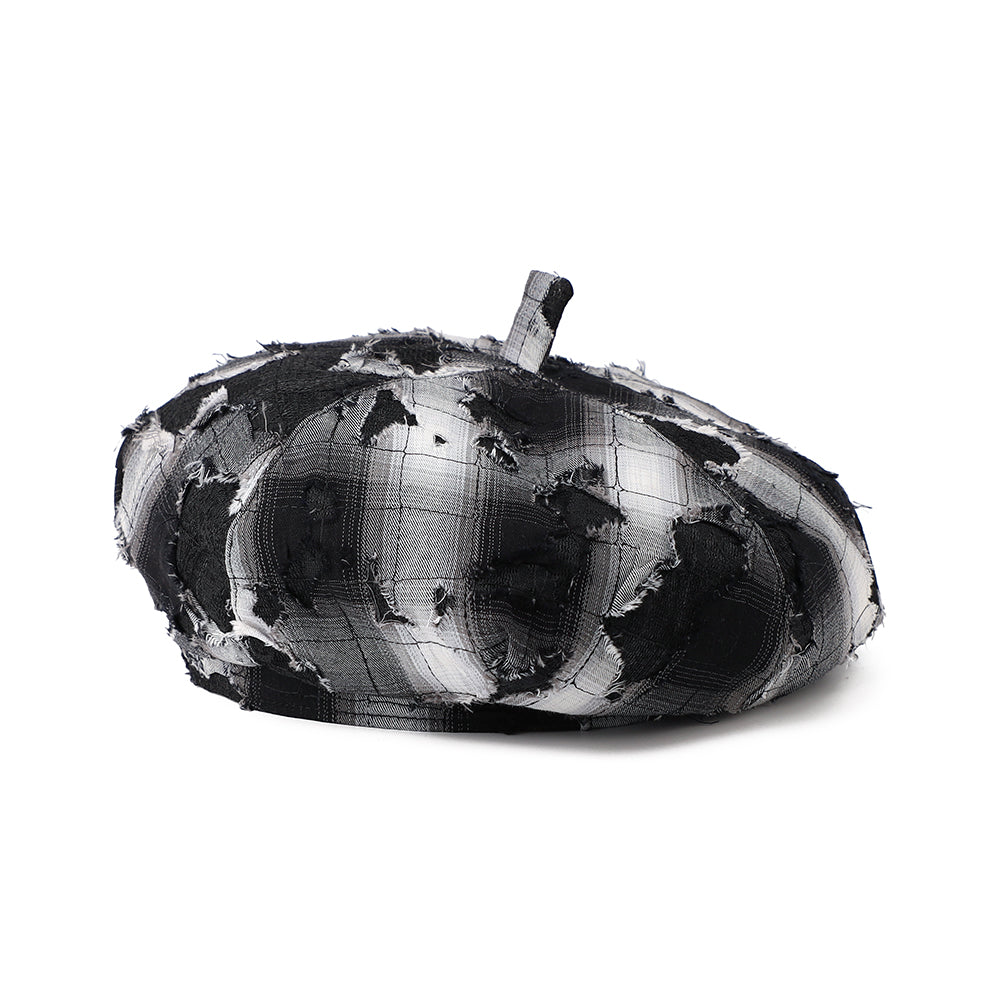 La Dame Détressed Check-pattern Fringed Trend-forward Patch-dyed Checkered Beret est Pe