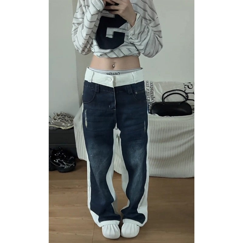 Hommes style américain Lavé bleu et blanc patchwork Denim Jeans