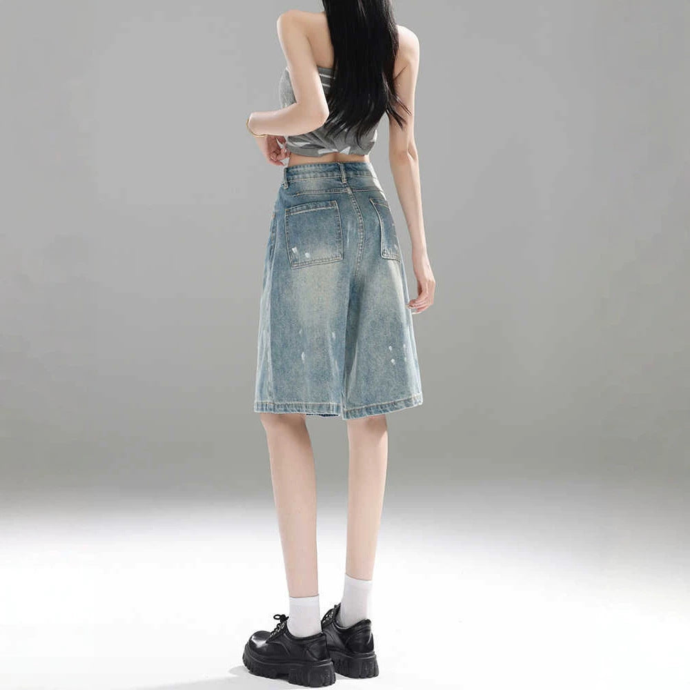 Retro Ink-Splatter Blue Wide-Leg Denim Capri Pantalons Femmes Été Leg Cropped Trou