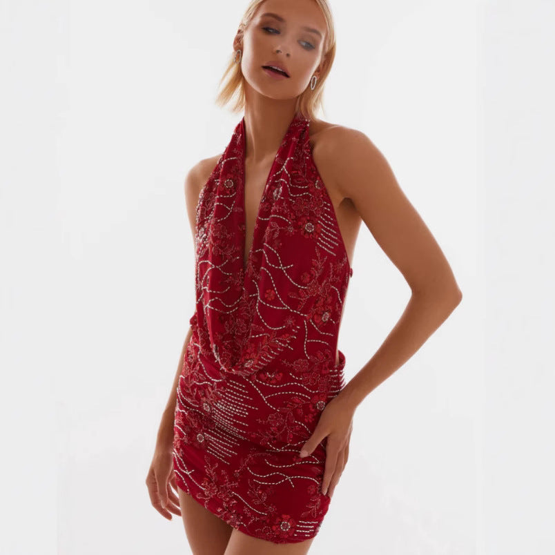 Women's Elegant Halter V-Neck Printed Dress