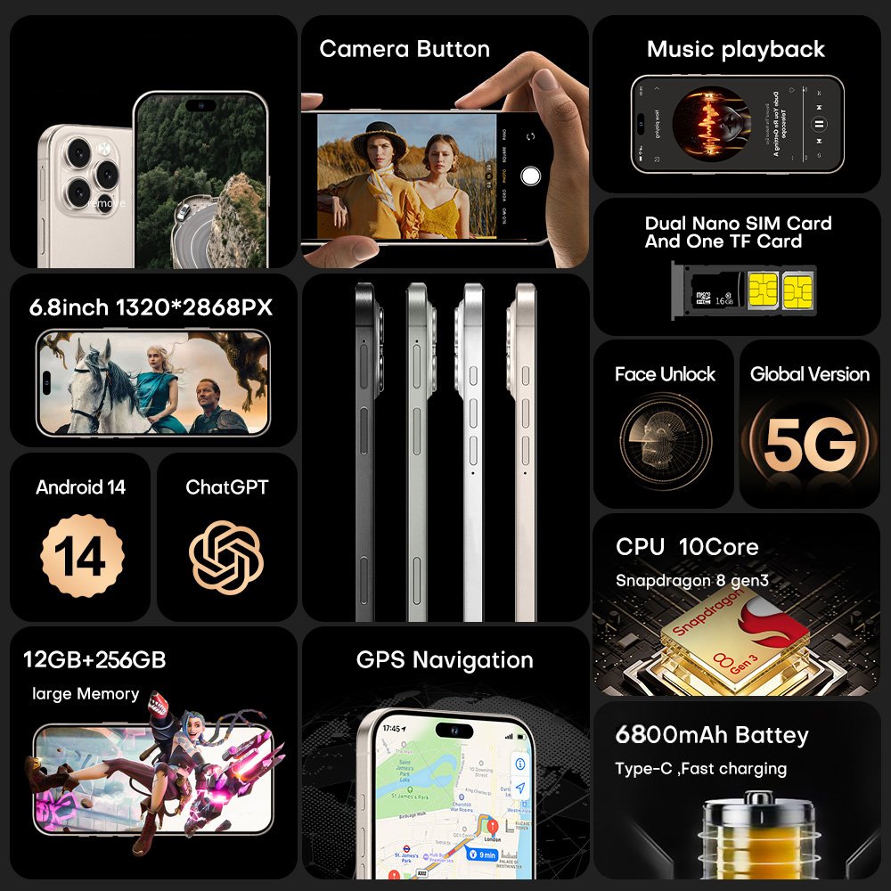16 Pro Max Téléphone déverrouillé 12 Go 256 Go Smartphone Android 14 Téléphone