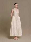 Halter V Collier Robe de Dentelle Florale Midi Mariée