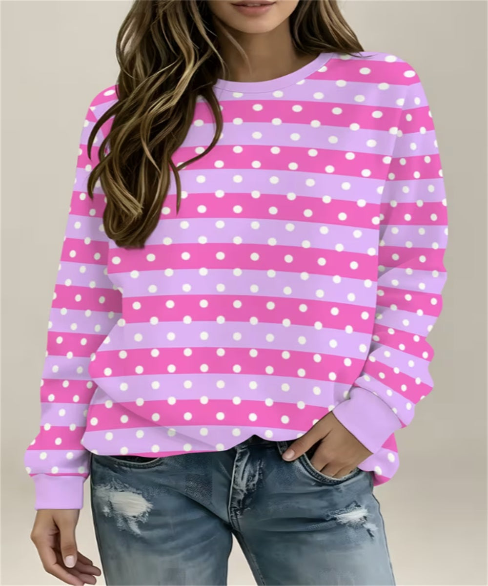Pink Black Stripe & White Polka Dot Imprimer Sweat-shirt en col rond