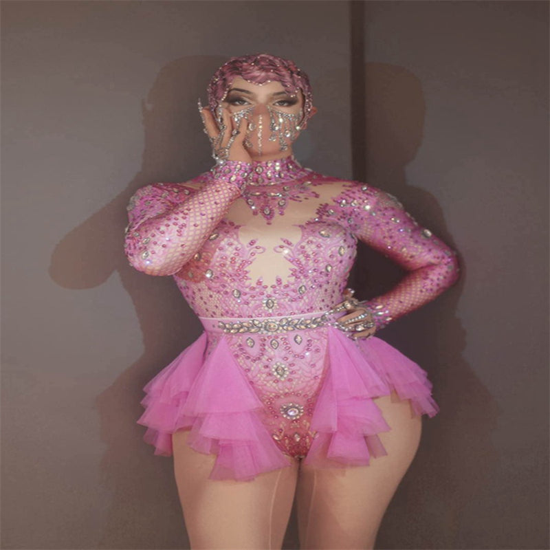 Danse Sexy Shiny Strass Mesh Jumpsuit scène performance costume femmes