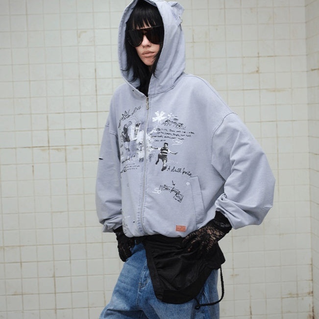 Veste de couple à capuche imprimée en lettres de style américain