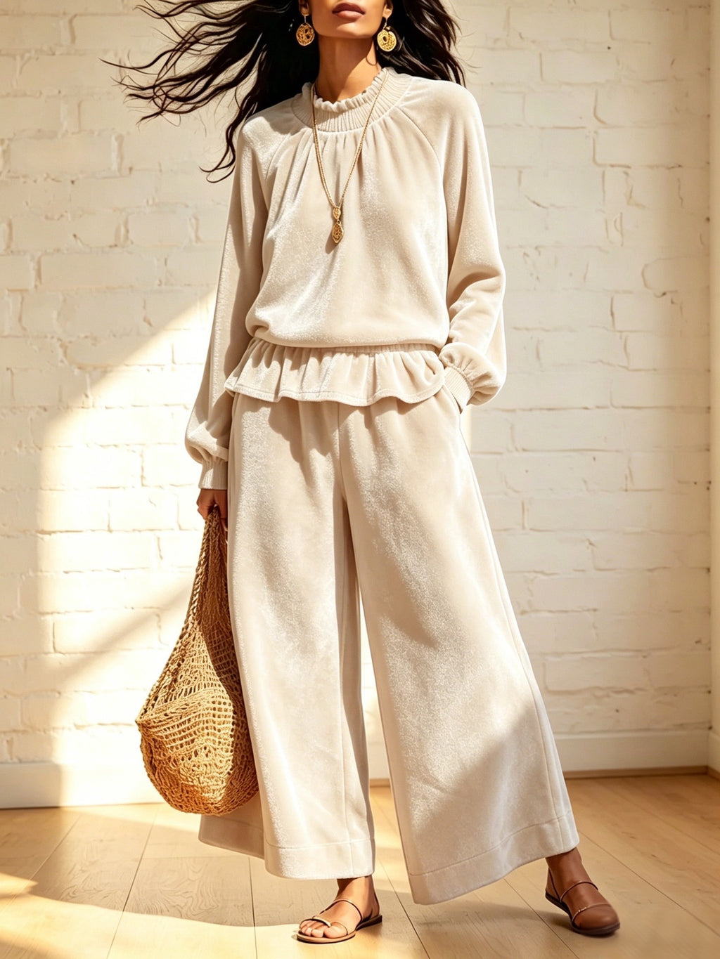 Fashionable femmes Casual Top et large-leg Pantalons ensemble