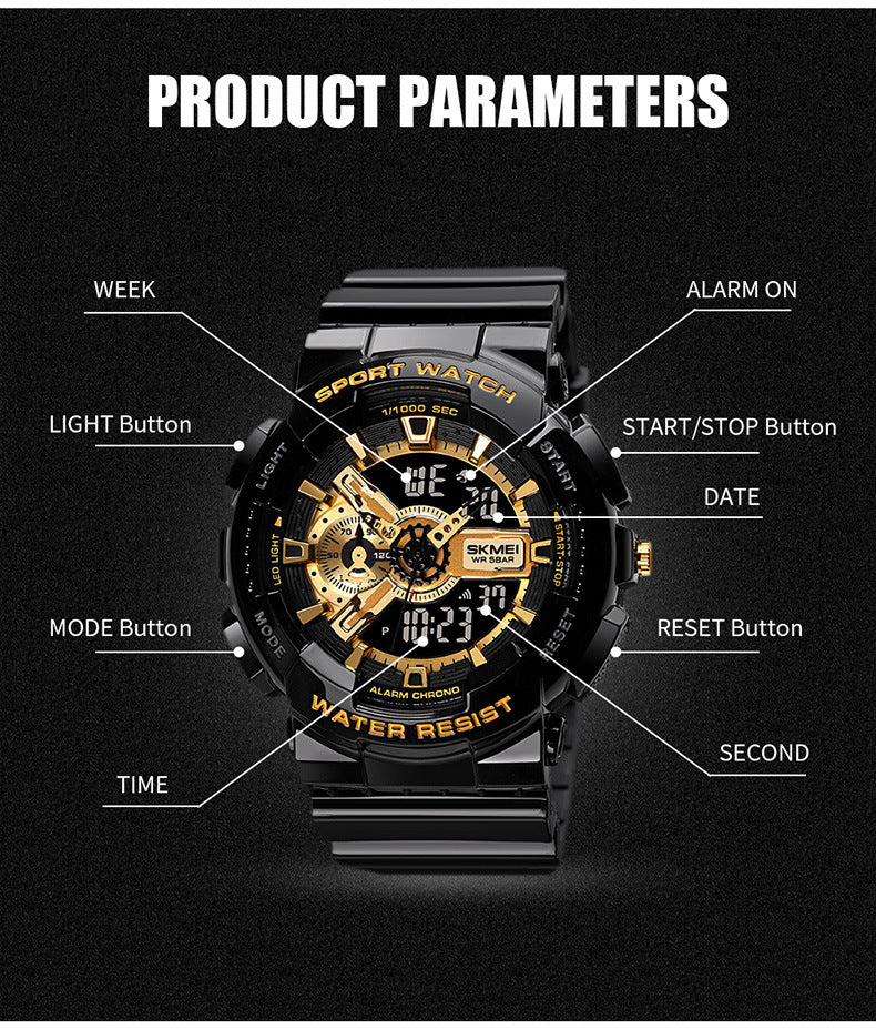 Classic Black Gold Sports Mode Double affichage Étudiant Montre électronique adolescents garçons A