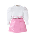 Petites filles Puff-Sleeve Top Solid-Color PU jupe et ceinture