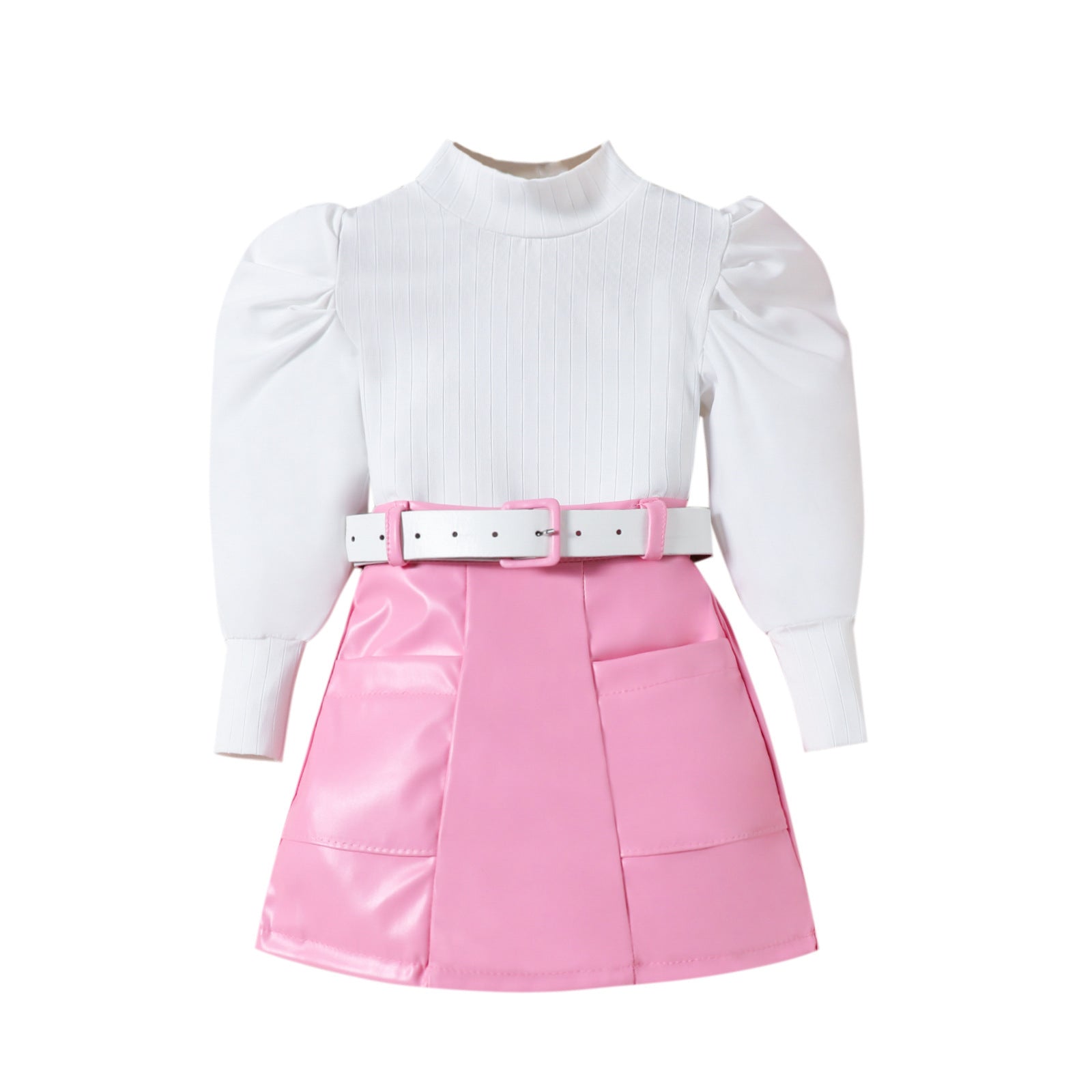 Petites filles Puff-Sleeve Top Solid-Color PU jupe et ceinture