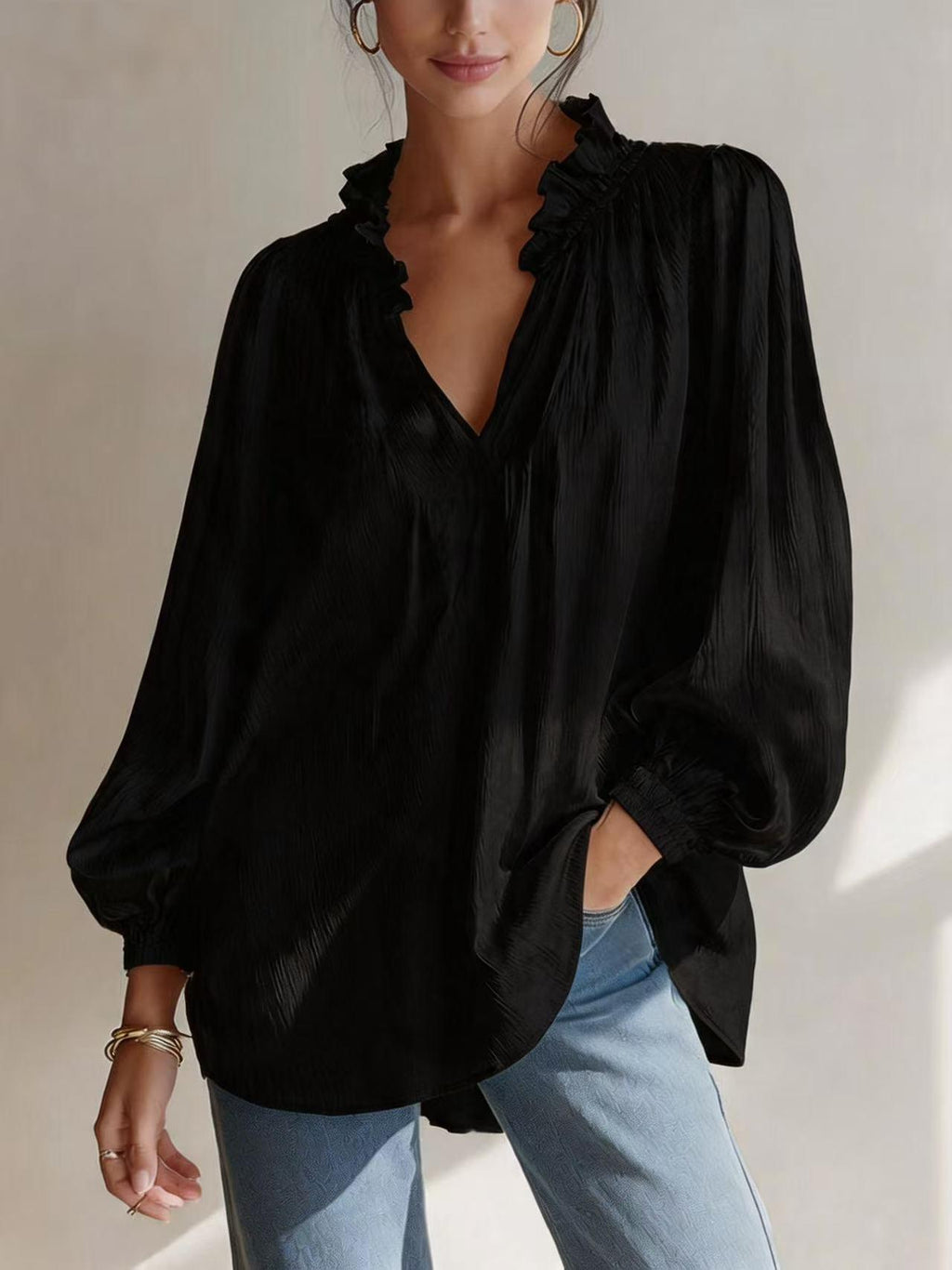 Femmes Casual Ruffled-edge V-neck Blouse à manches de puff
