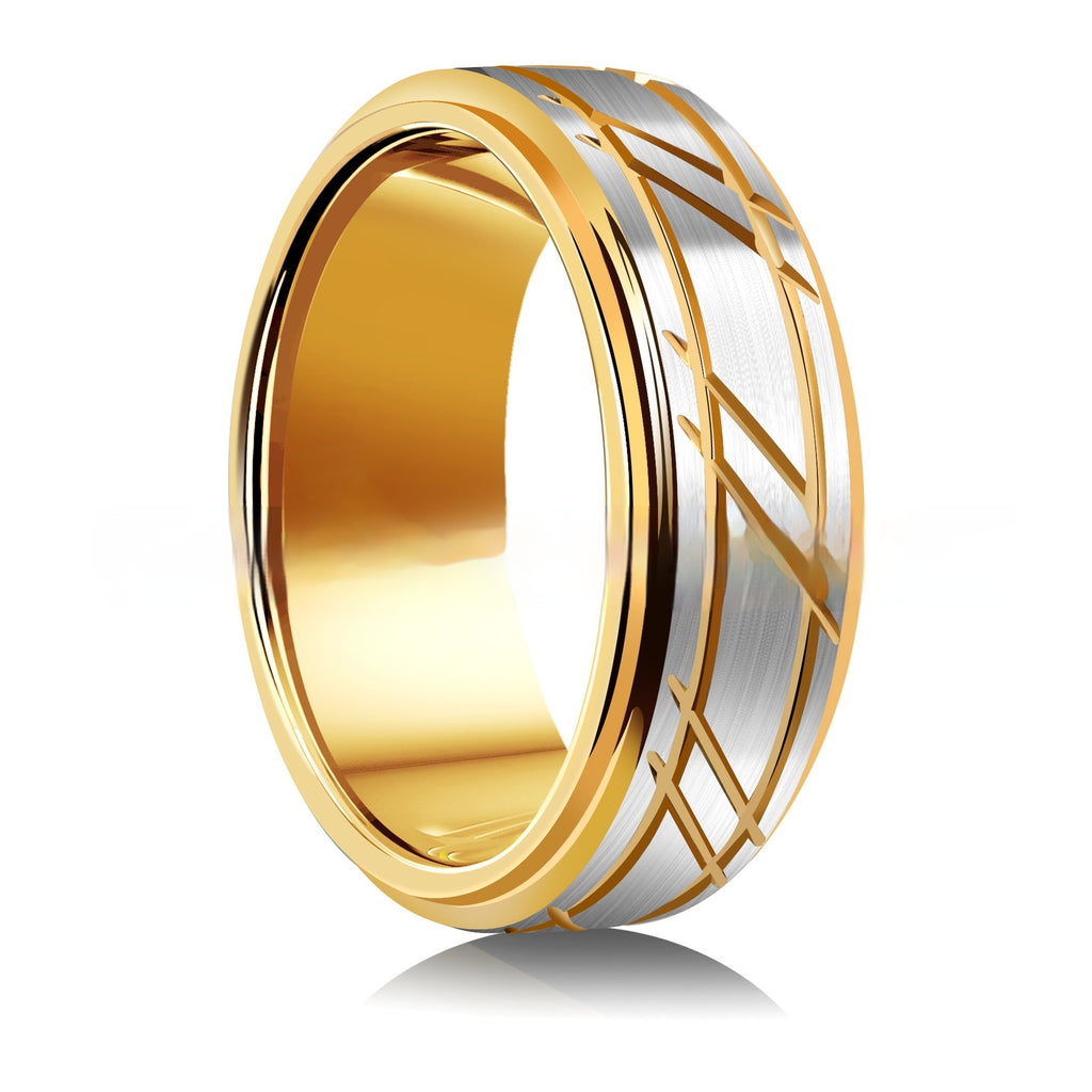 Men's Yellow Gold 8mm Simple Polished Twill Tungsten Ring