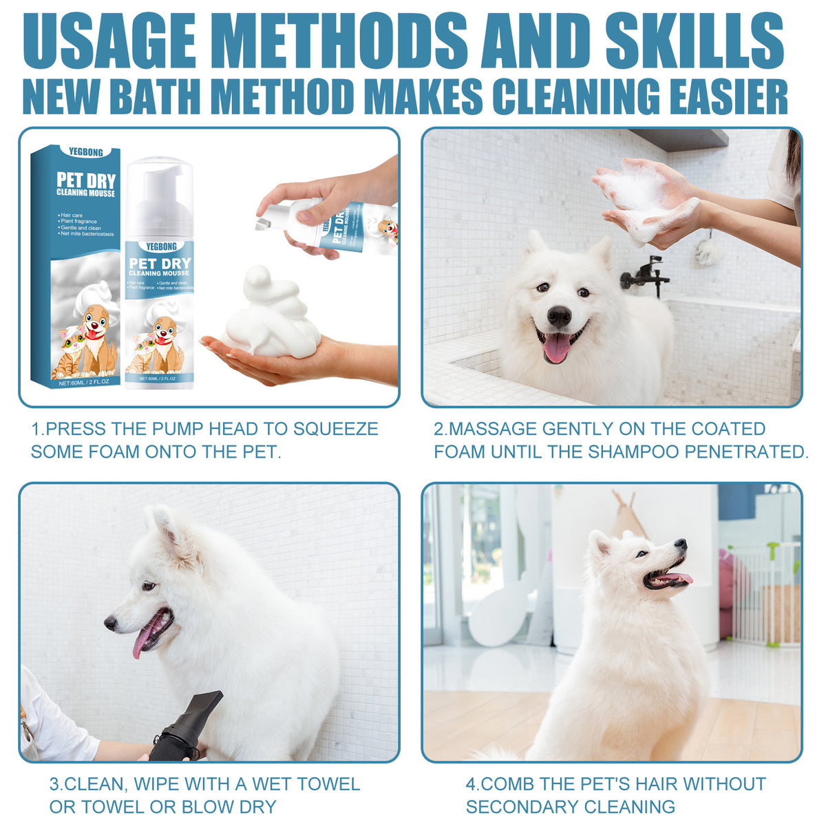 Mousse de nettoyage à sec pour chatons et chiens