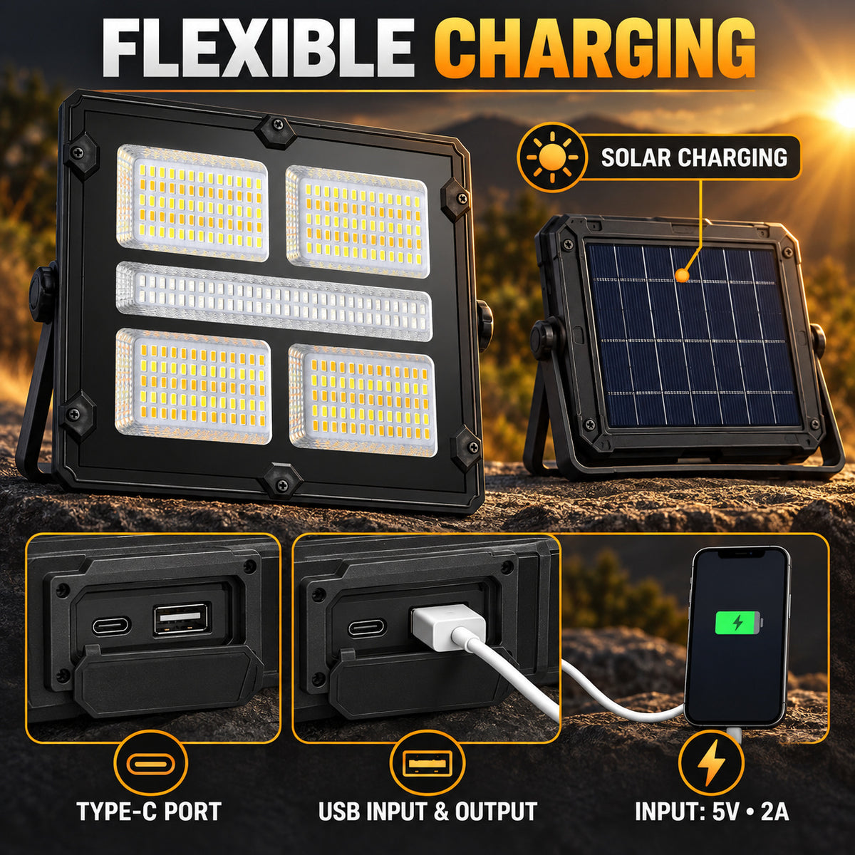 Affichage de batterie rechargeable alimenté par le solaire Type C LED Lumière de déluge W885 3 Mouvement variable S