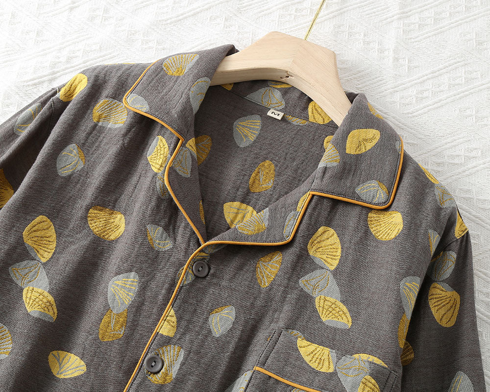 Pure Cotton Double couche Sheer Homme manches longues Jacquard Pajama Set