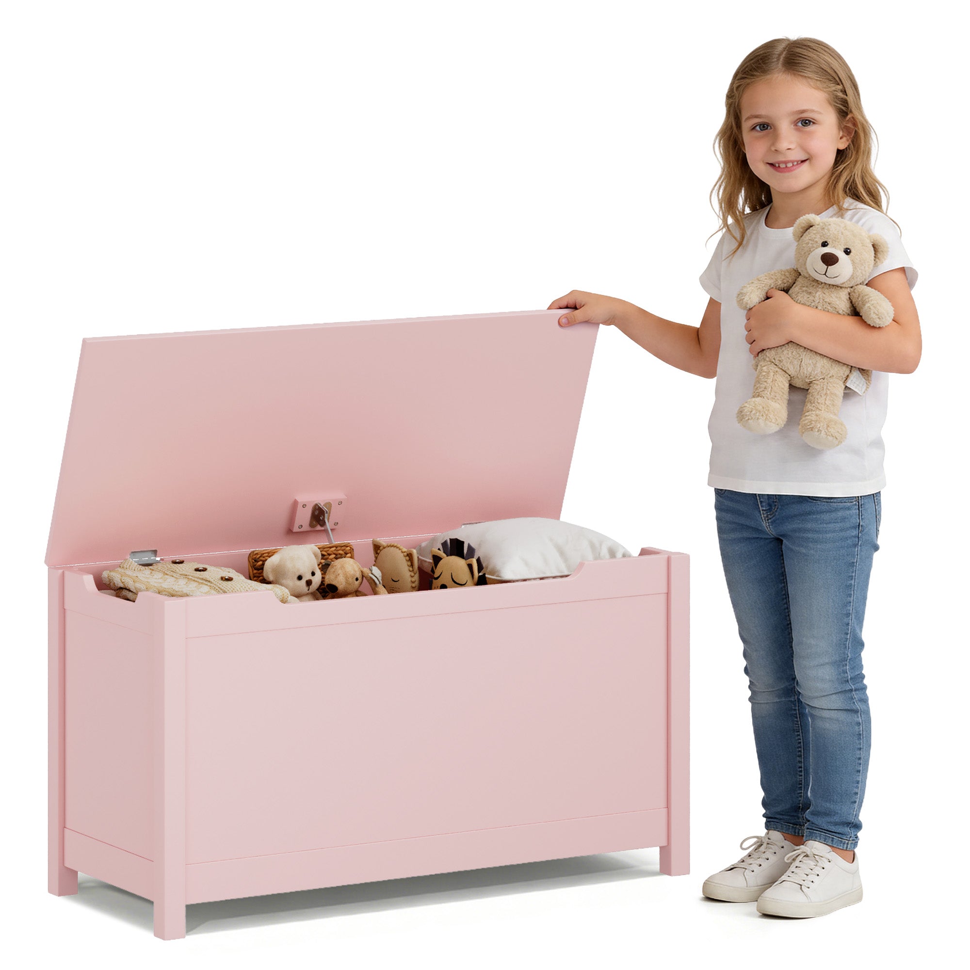 Rangement de boîtes de jouets en bois pour enfants avec couvercle à charnières de sécurité pour les 2 ans et plus (Pink)