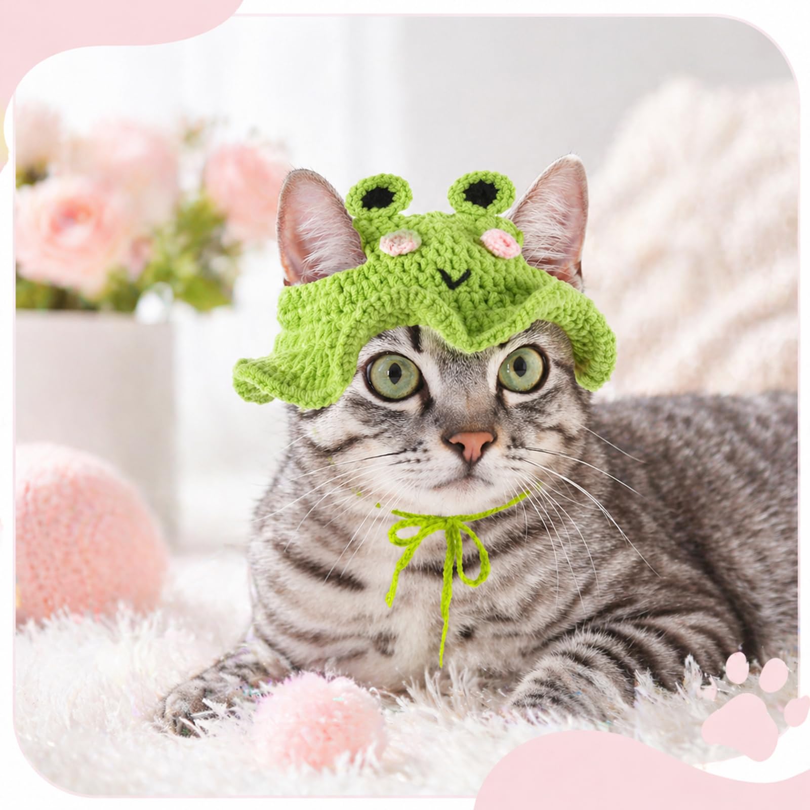 2Pcs Crochet chapeaux de chat tricoté chapeau de chat fraise et grenouille chapeau mignon tricoté chat