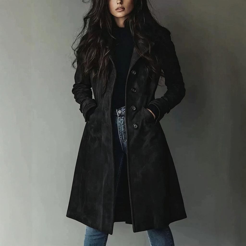 European American Style Women's Fall Winter Lapel Suede Mid-Length Trench Coat