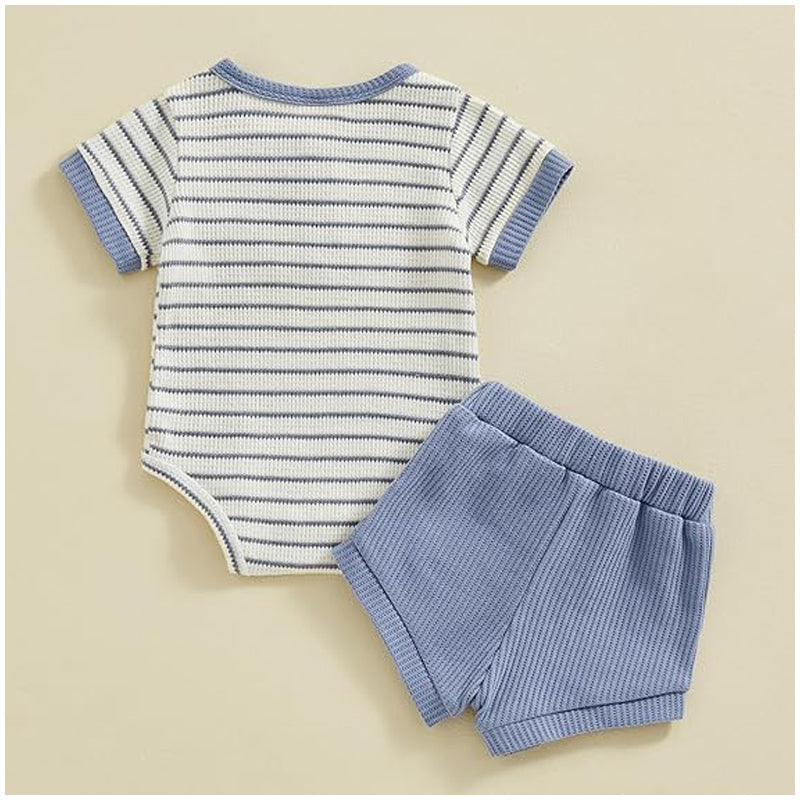 Bébé Garçon Vêtements d'été Bouton manches courtes Romper Bodysuit Short Set Infant Soft Waffle
