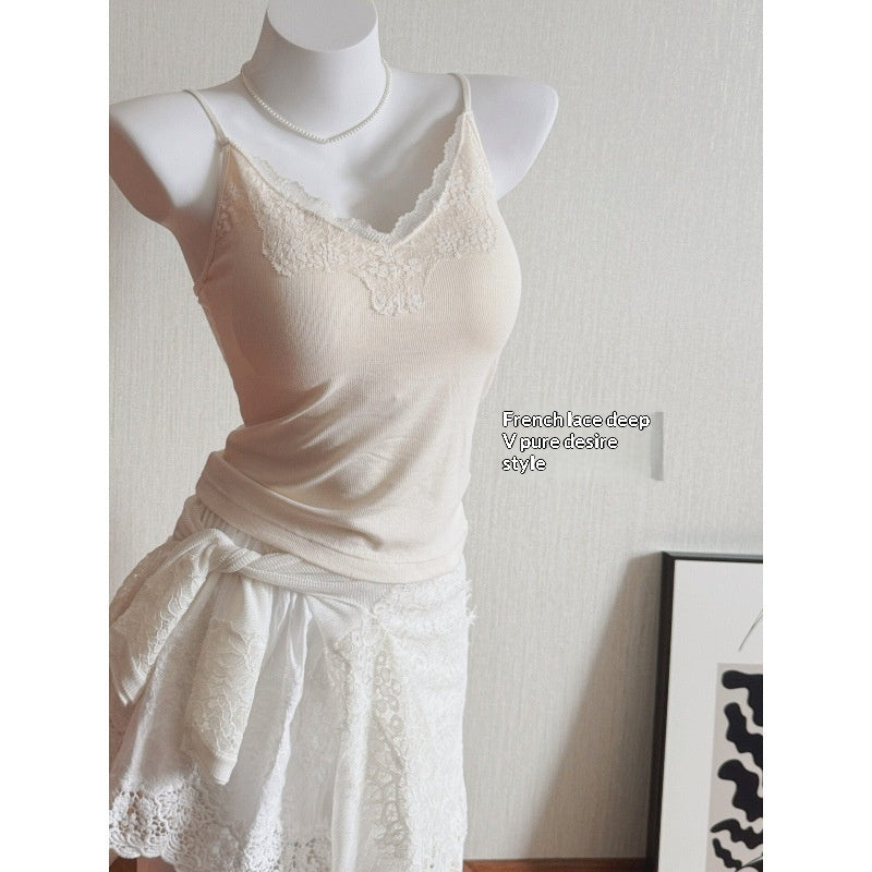 Dentelle côtelée Modale Camisole sexy à rayures spaghetti avec padding intégré