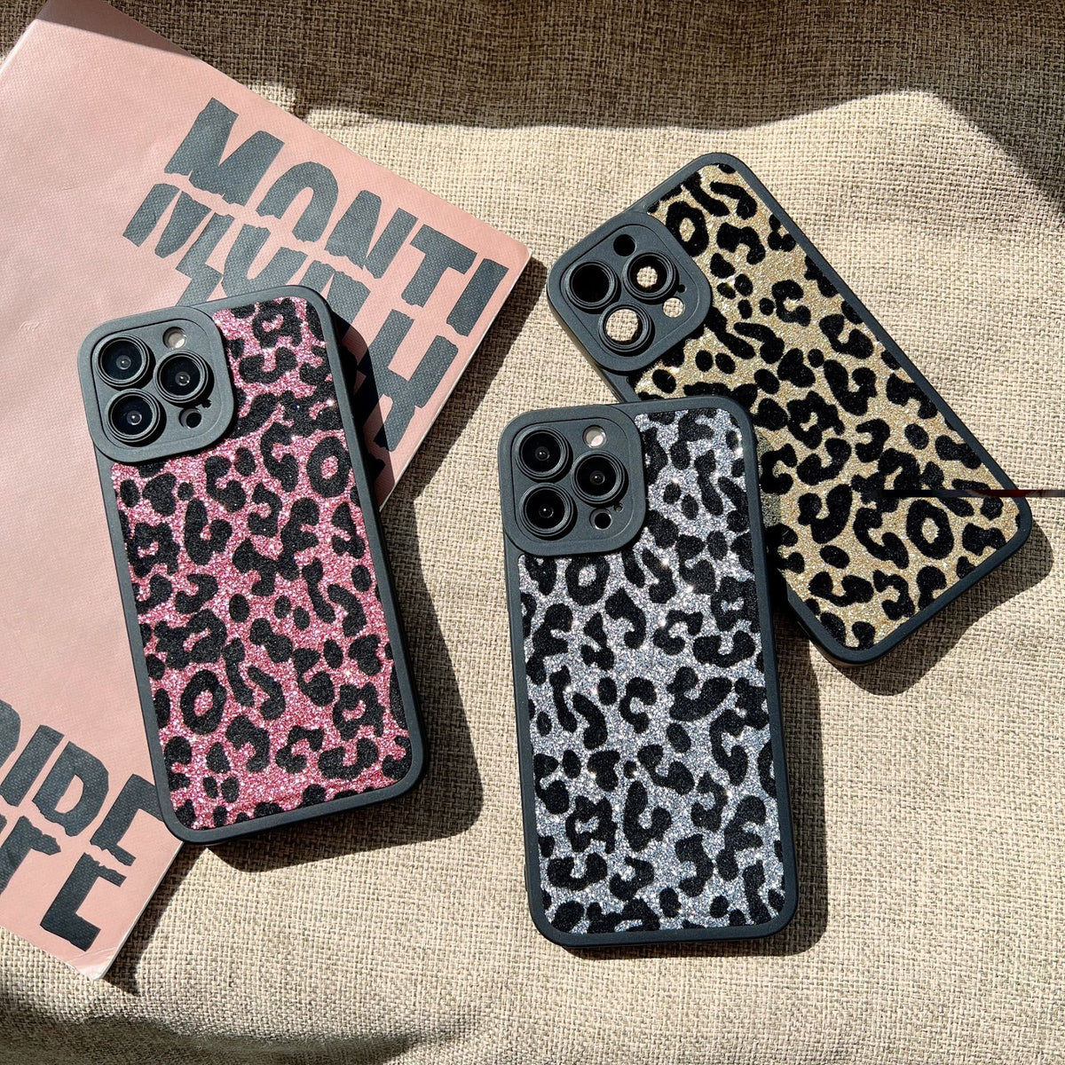 Leopard Glitter Plush pour téléphone portable boîtier silicone anti-dérapant