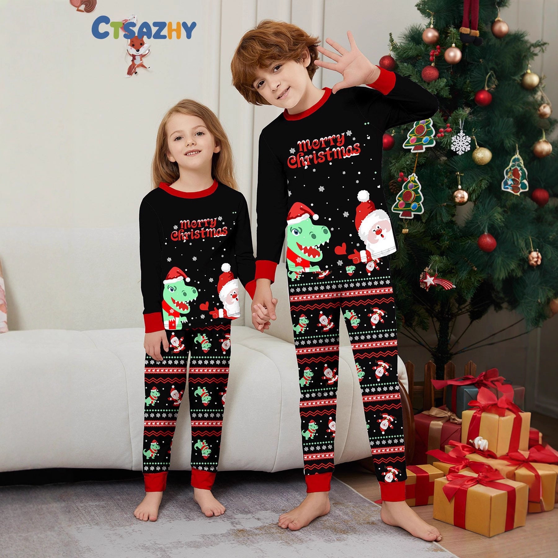 Caricature Dinosaur Imprimé Pyjama noir Taille parent-enfant