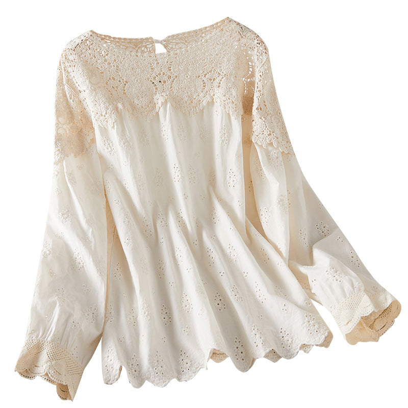 Apricot Lace Hollow-Out Blouse Women's Top