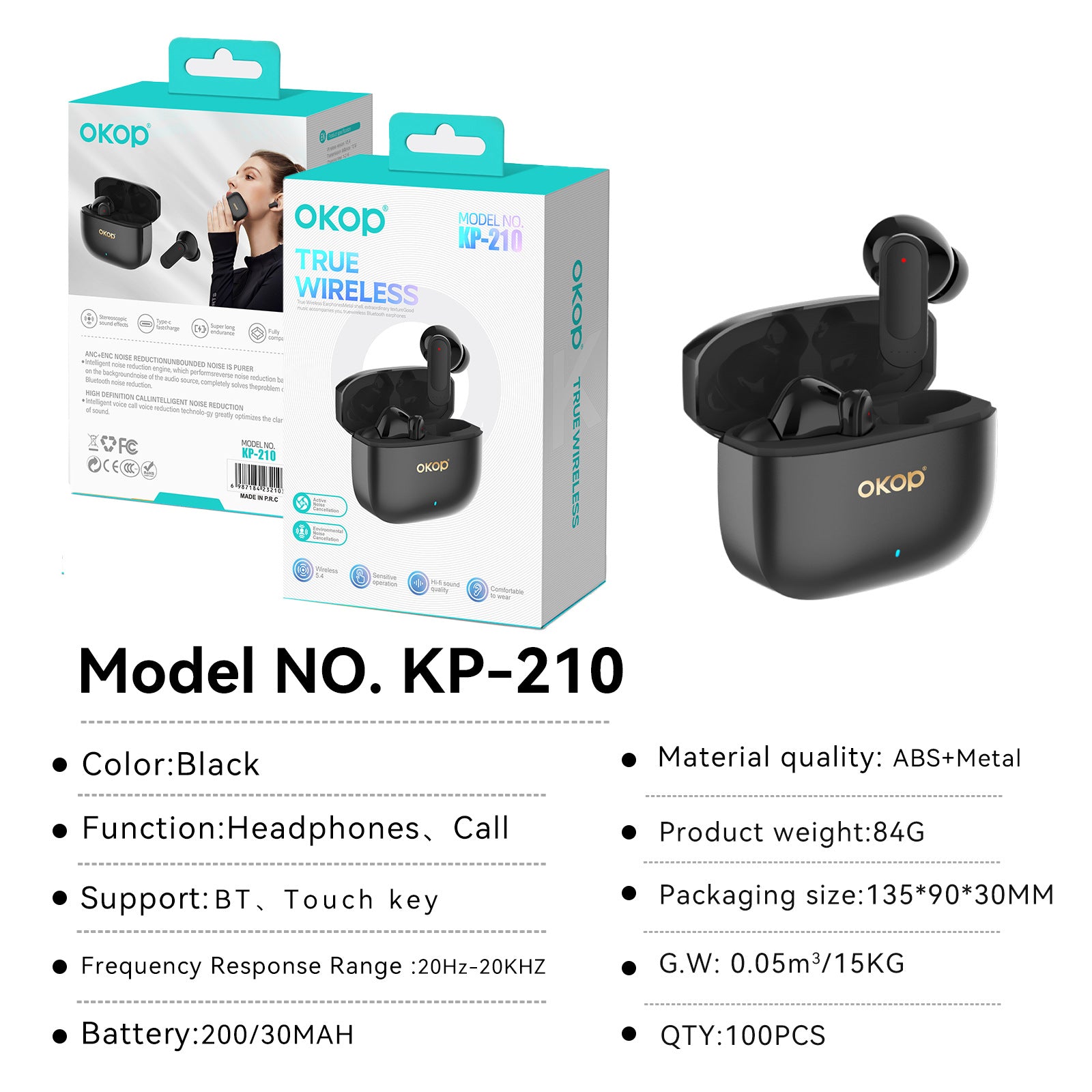 KP-210 True Wireless Bluetooth Ecouteurs dans le modèle d'oreille avec annulation de bruit