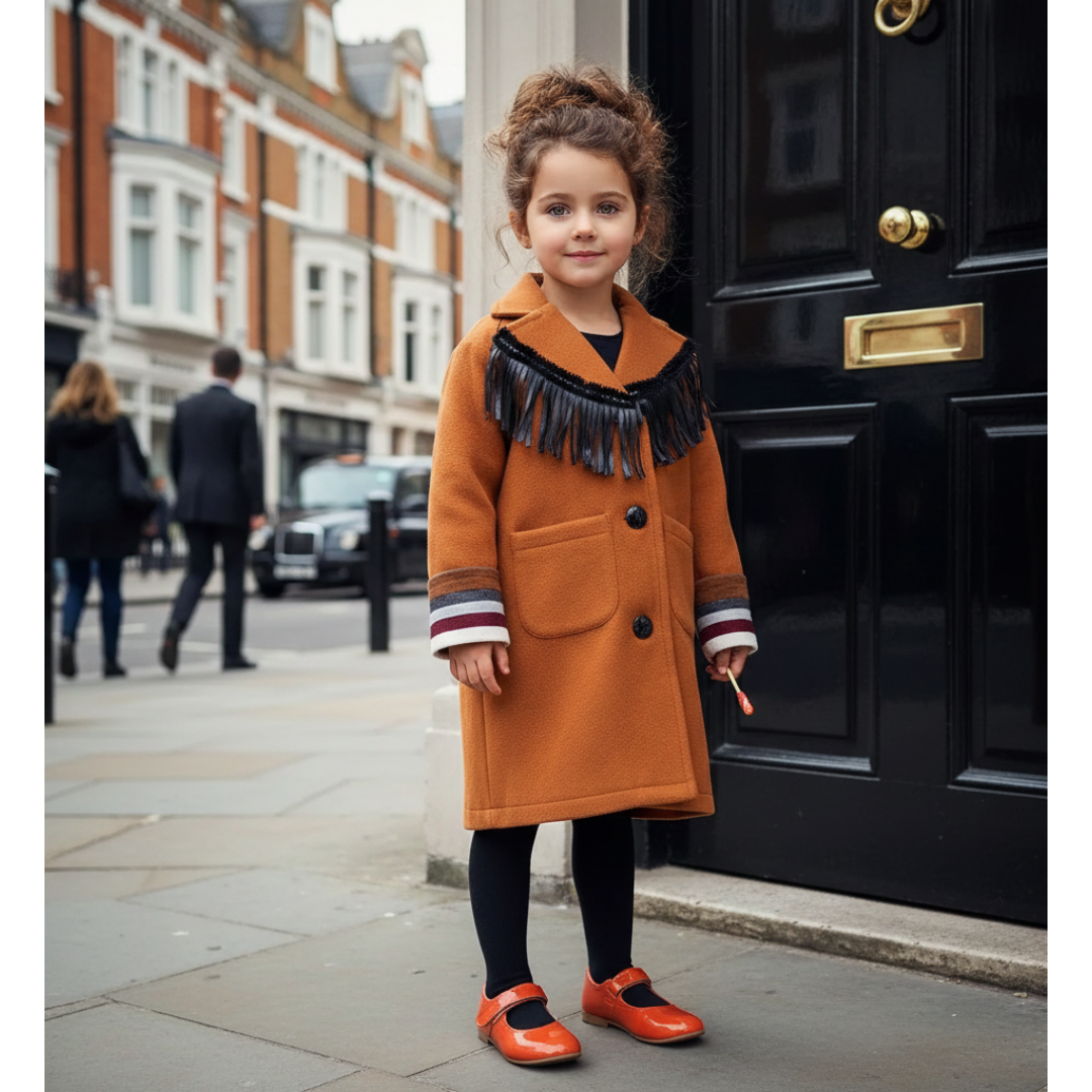 Filles Woolen Long Coat 3-12y Crème Orange Vintage Coat Style mignon
