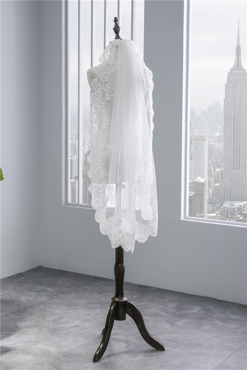 Short Veil Soft Mesh Dentelle pailletée Blanc Ivoire
