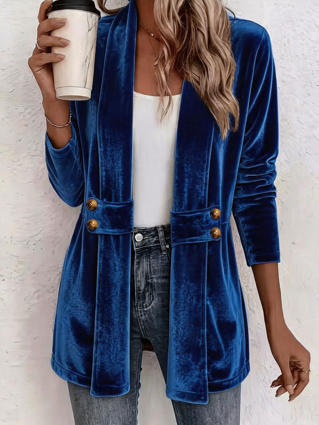 Femmes Velvet Ouvert Cardigan Avant Manches Longues Double Bouton Décor Vêtements de dessus Casual