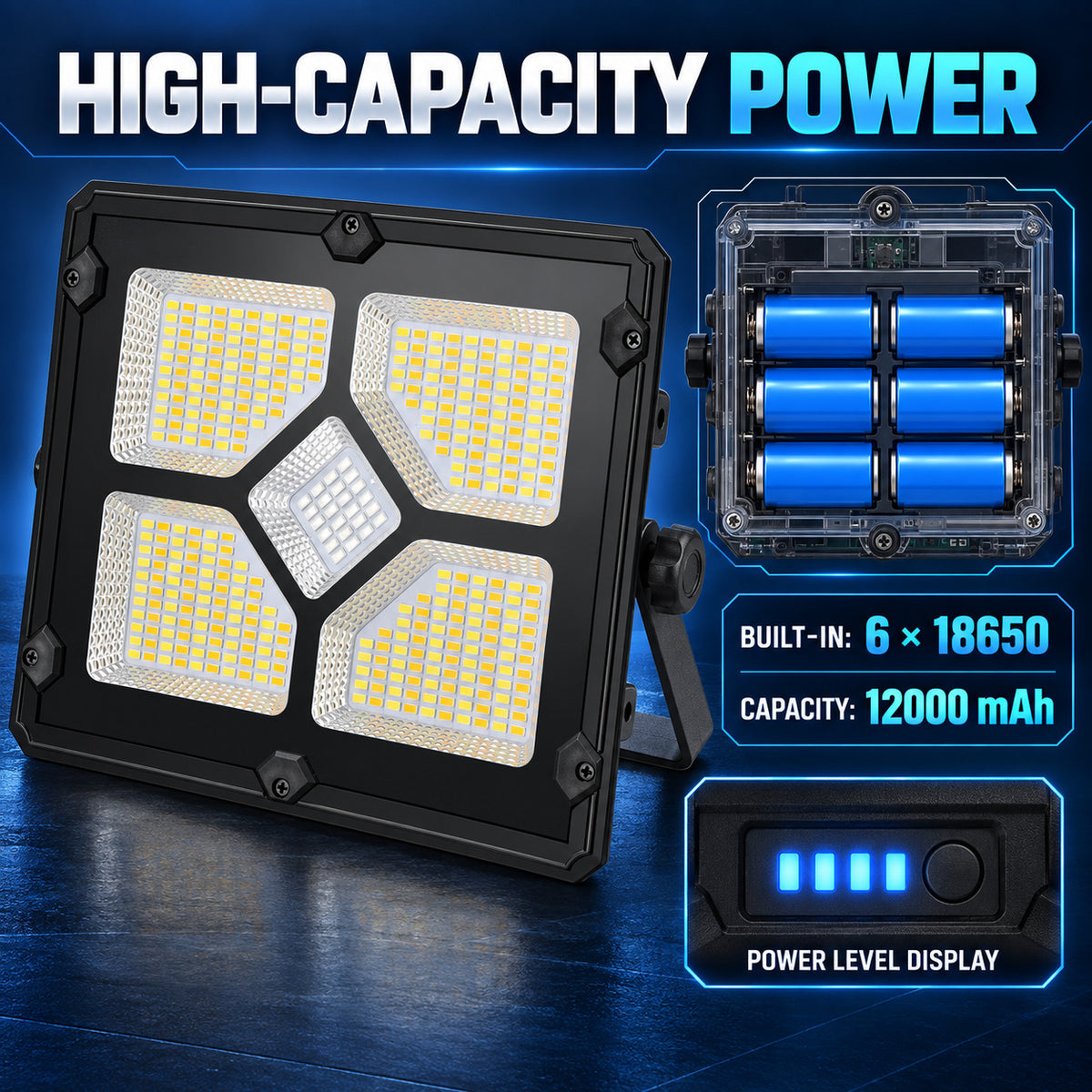 Afficheur de batterie rechargeable alimenté par l'énergie solaire Type C LED Lumière W885 1 Bleu rouge variable
