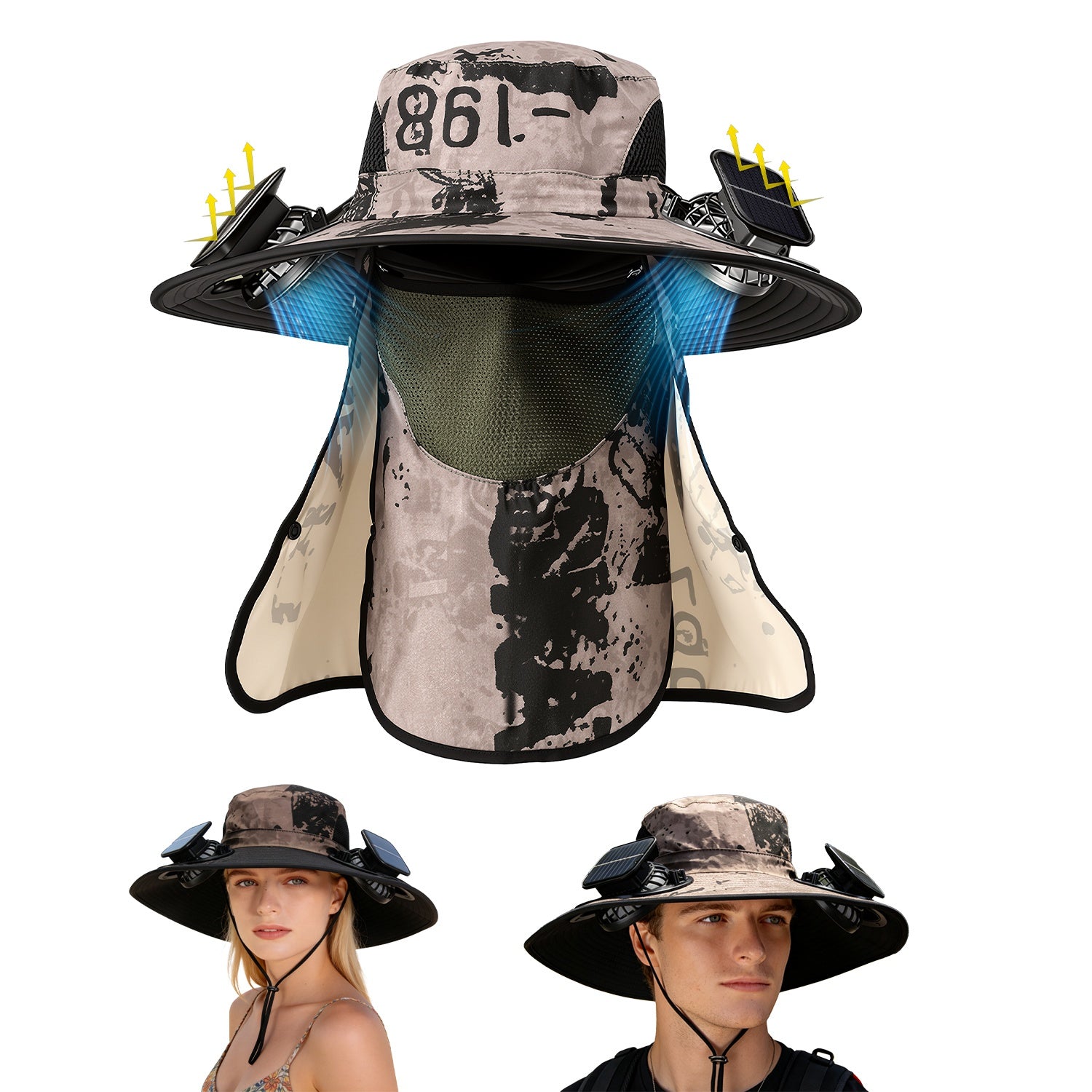 1Pc 2 En 1 Solar Fan Hat UPF50 Chapeau de soleil avec ventilateurs large Brim Chapeau de pêche avec couverture de visage Nec