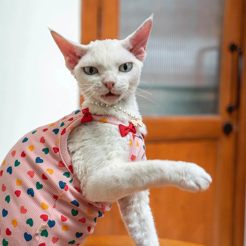 Sphynx Cat T-shirt T-shirt d'été Coeurs Pattern avec Accents Bow Stretchy confortable Skin-F