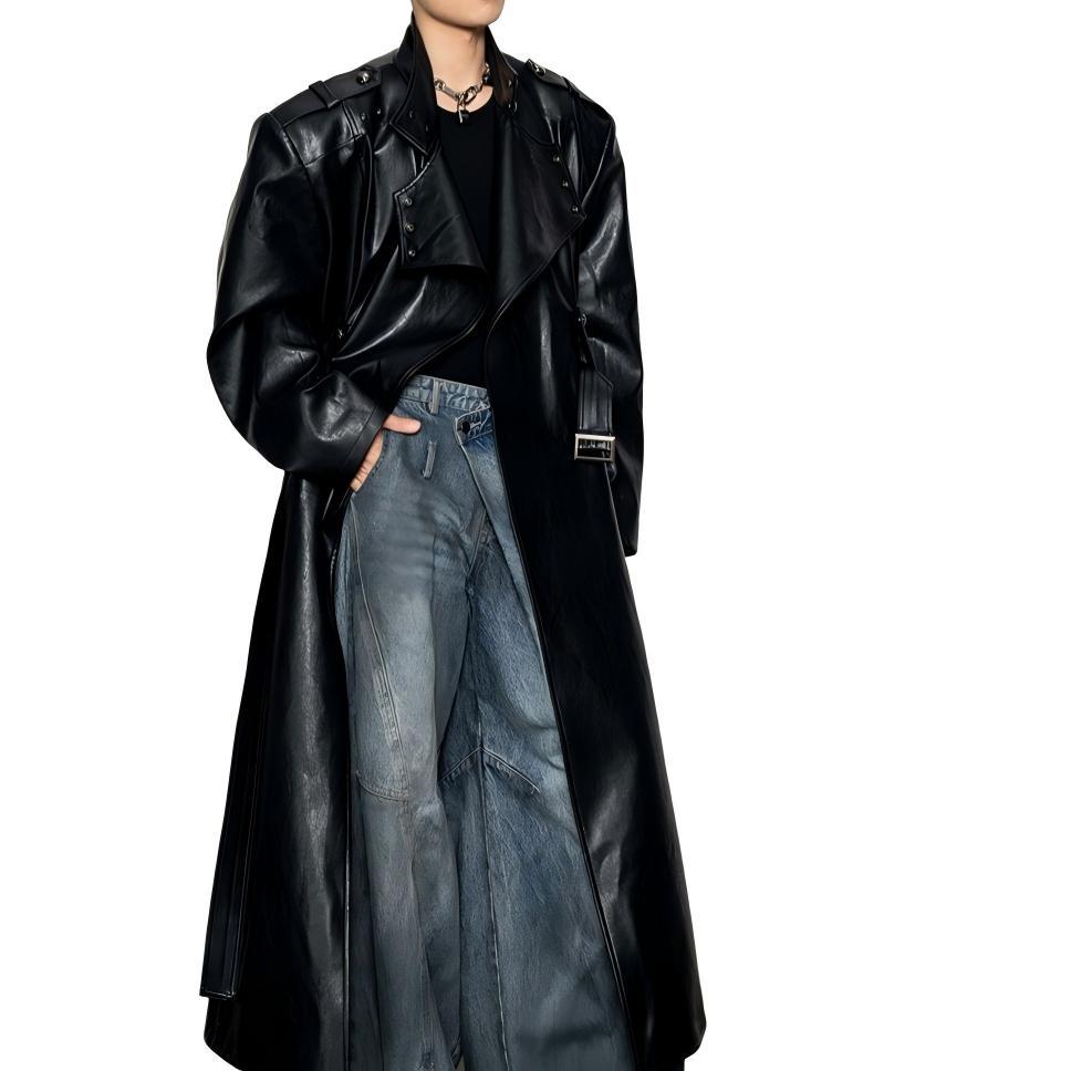 Manteau en cuir pour hommes avec grands lapels Et une taille définie