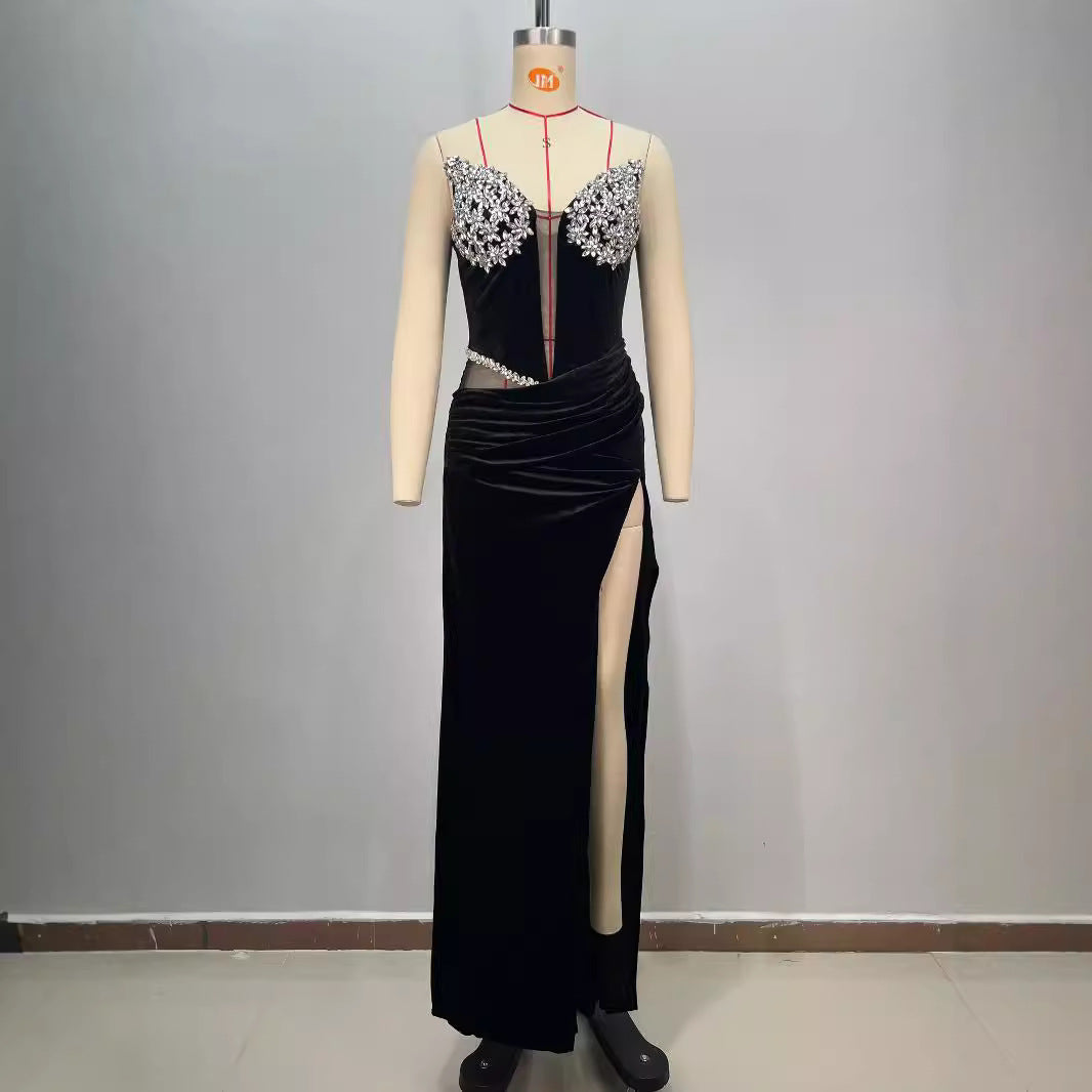 Robe longue de foreuse noir bandeau mince pour femme