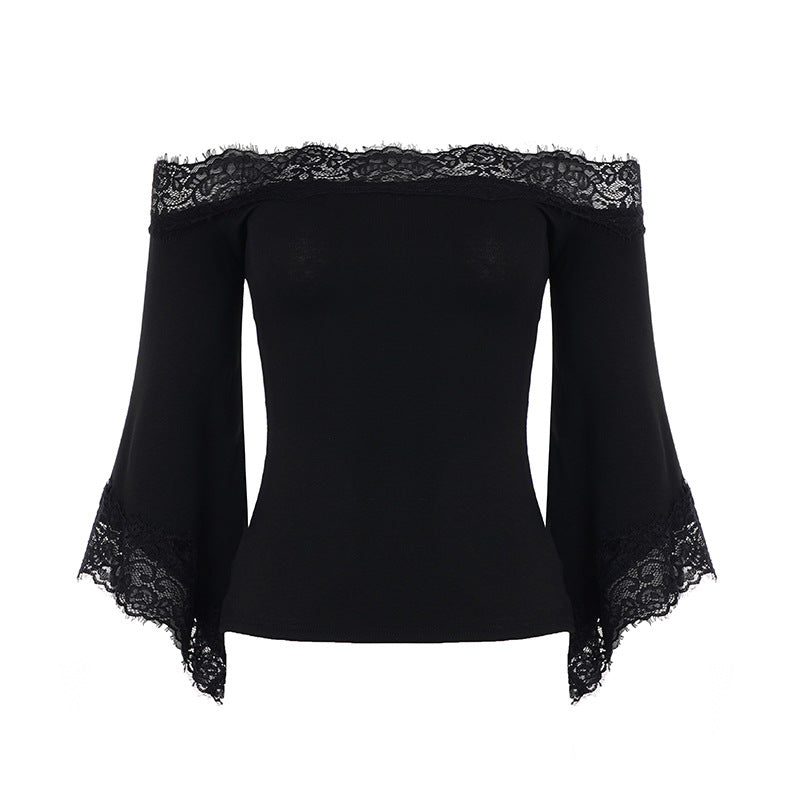 Dentelle-Panel hors-la-épaule Bell-Sleeve Elégant T-shirt