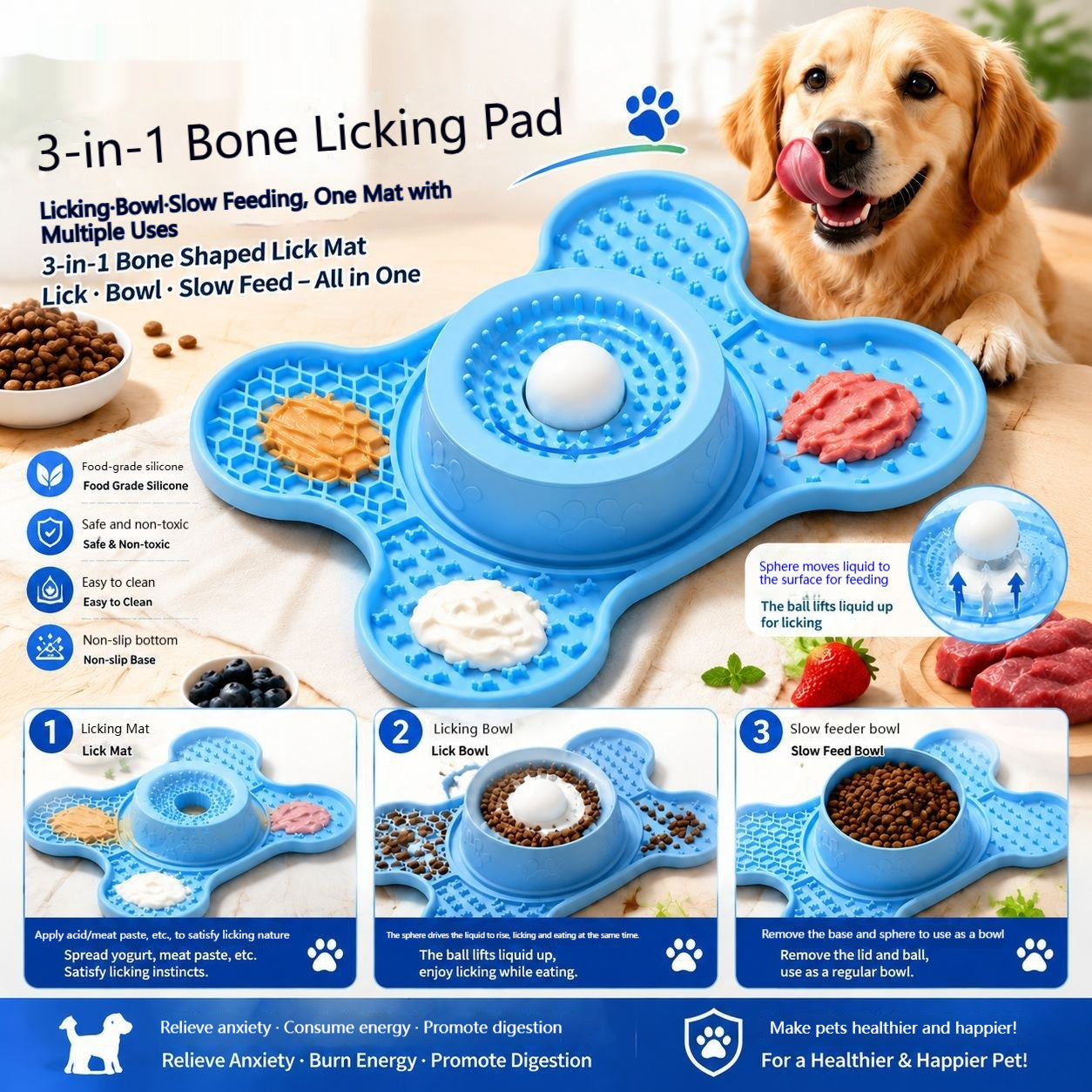 Pet Silicone 3-en-1 tapis de collage avec des textures cloisonnées pour prévenir l'étouffement