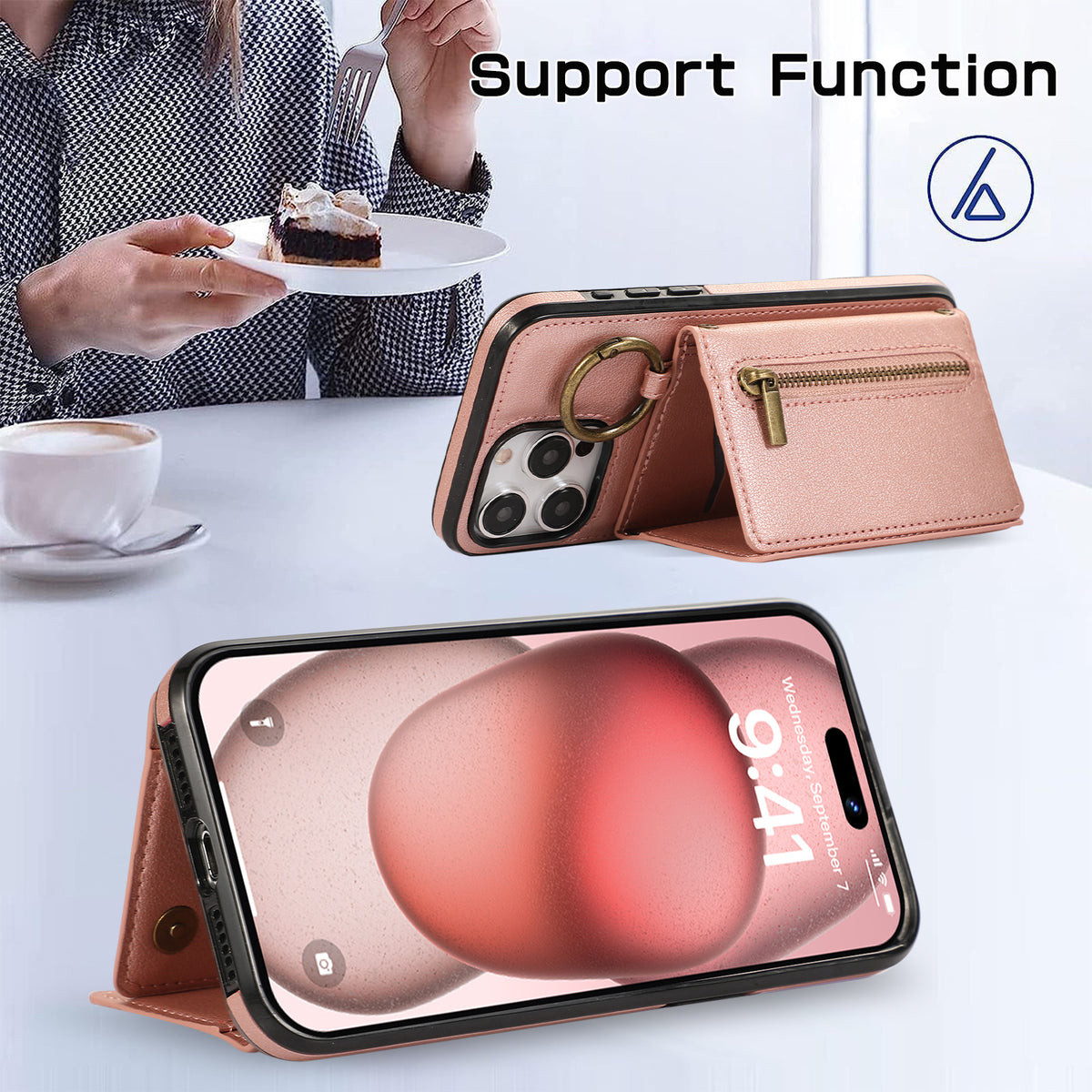 Convient pour IPhone16 Crossbody Mobile Phone Porte-cartes zippées à triple pli