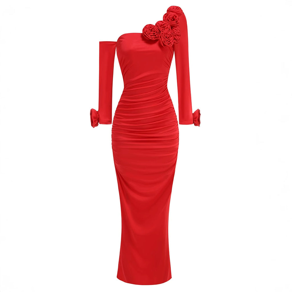 Robe à manches longues à épaule inclinée en trois dimensions