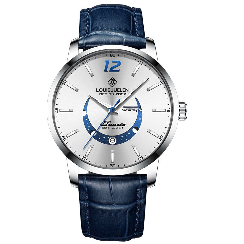 Master Moon Phase Luminous Waterproof Wrist Watch La mode masculine véritable bracelet en cuir